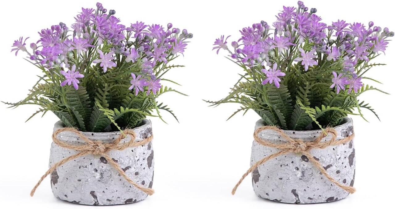 2 Pack Small Artificial Sunflower Plants – Spring Tabletop Decor Faux Potted Flowers for Bathroom, Living Room, Office, Bedroom, Table & Shelf Farmhouse Decorations (Purple Floral)